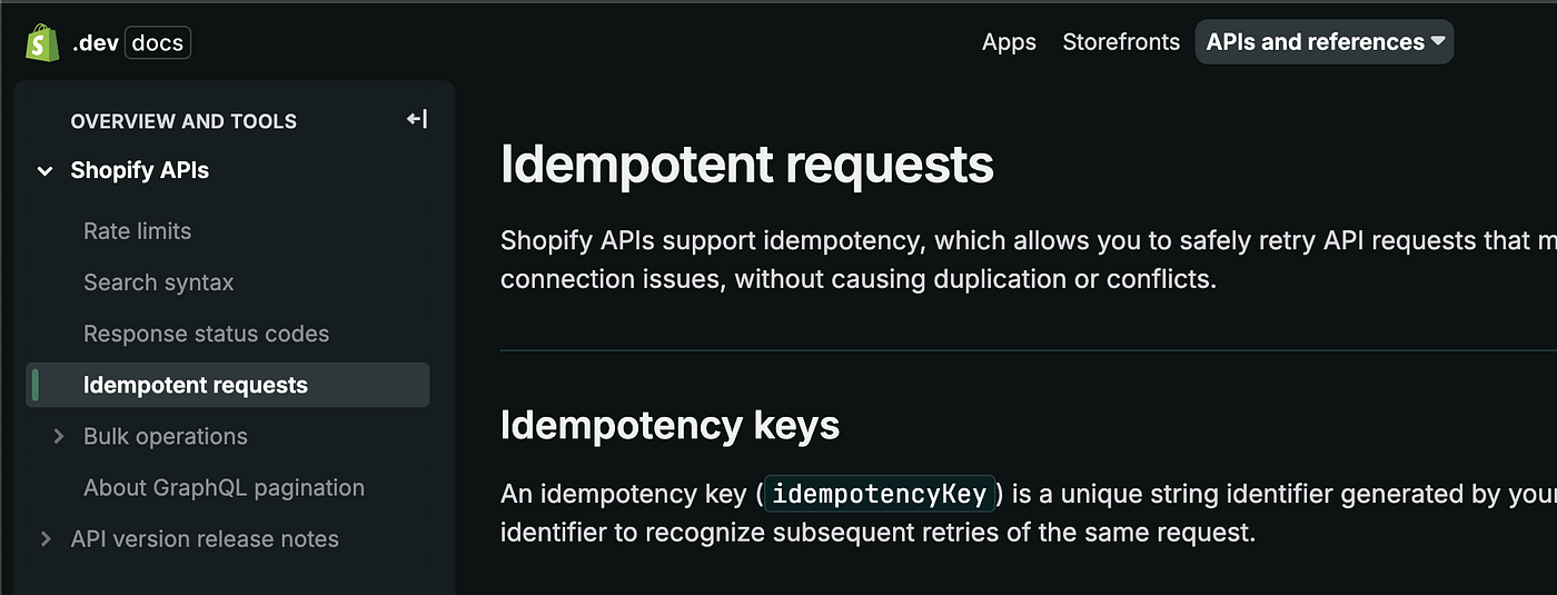 Screenshot, idempotent in Shopify doc