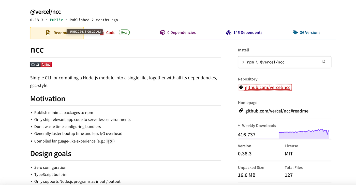 Screenshot, ncc package with over 400 thousands downloads per week