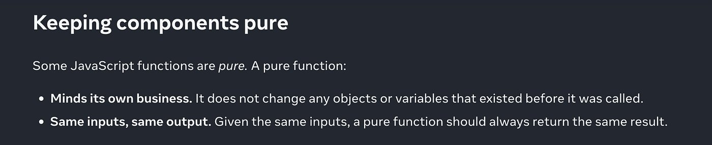 Screenshot, pure function in React doc